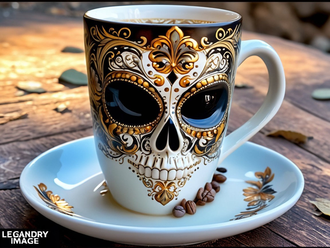 Ceramic Skull Mug with Gold and Black Patterns