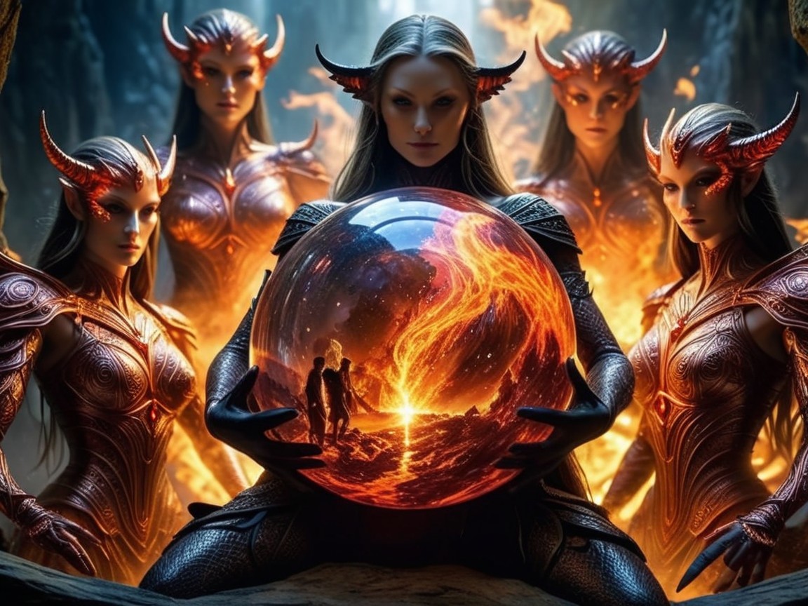 Ethereal Figures and Fiery Landscape in Mystical Setting