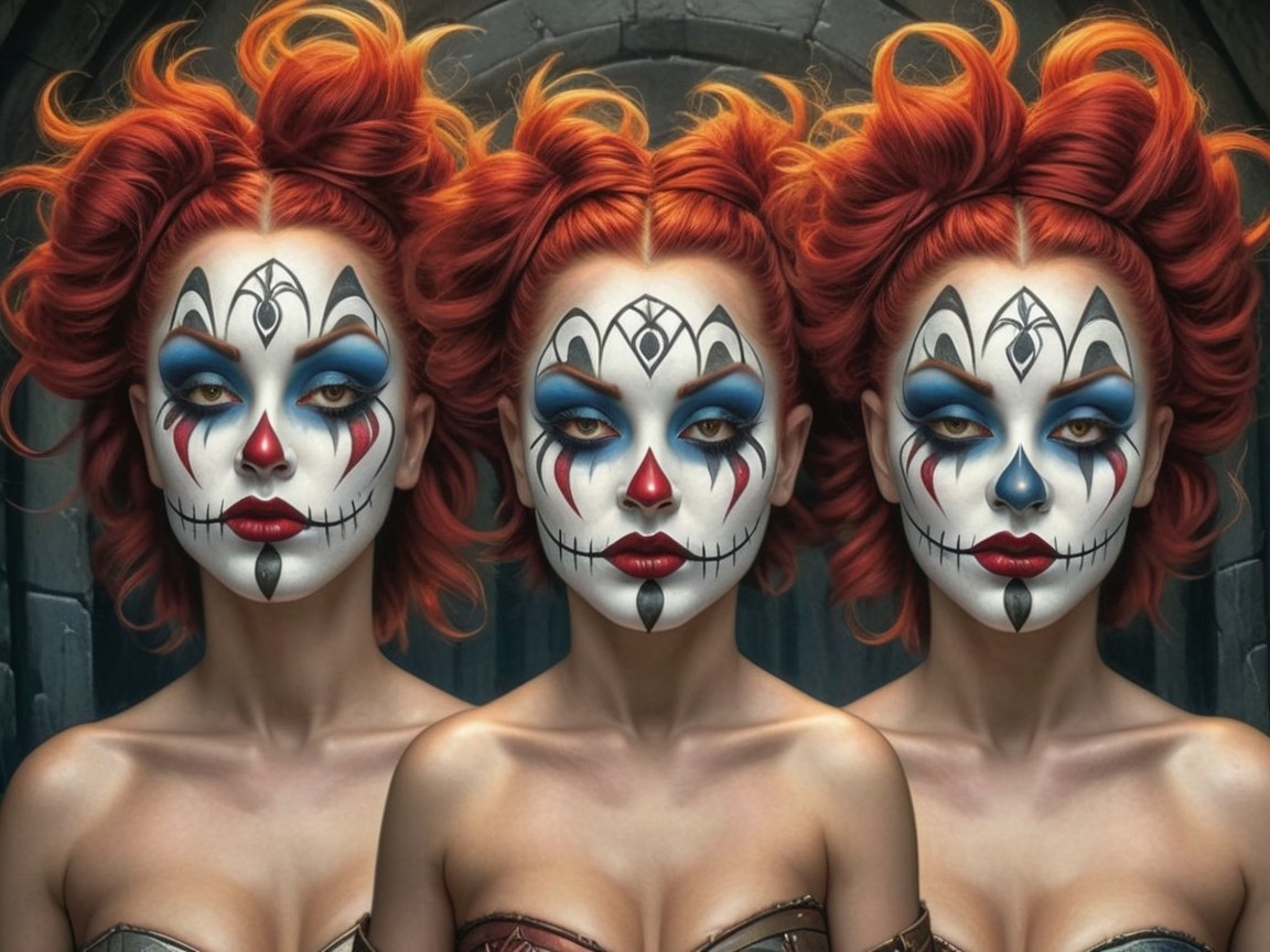 Three Figures with Red Hair and Dramatic Makeup