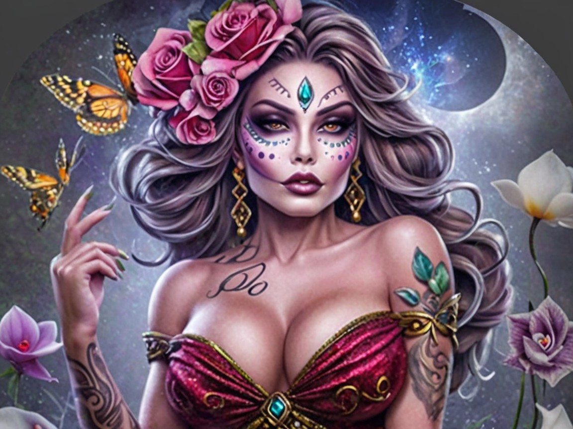 Styled Woman with Flowers, Face Paint, and Butterflies
