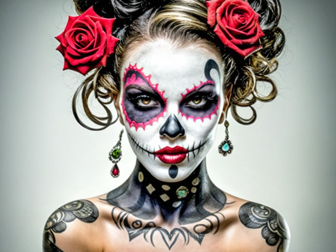 Vibrant Day of the Dead Portrait with Intricate Makeup