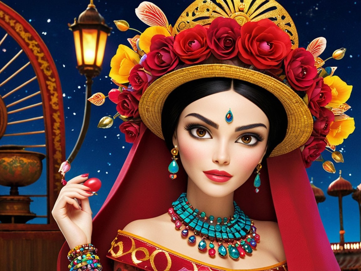 Adorned Woman in Vibrant Outfit Against Starry Sky