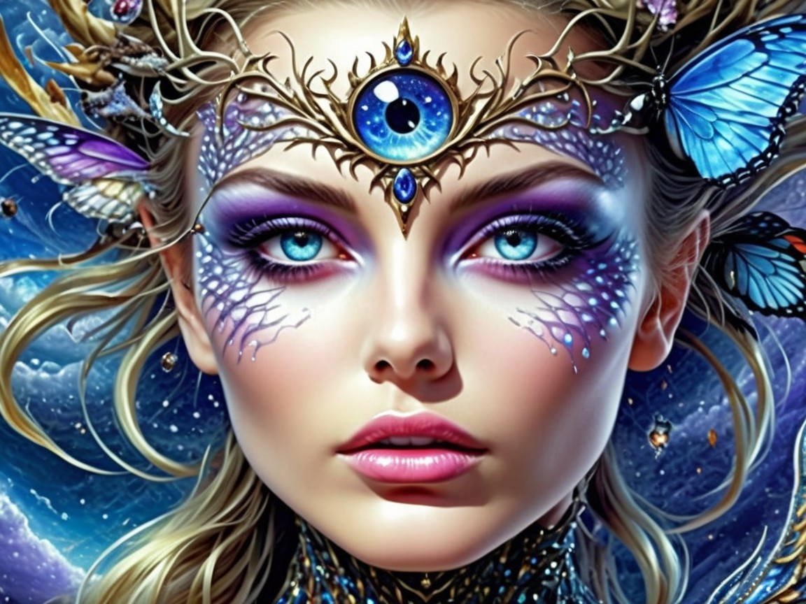 Mystical Woman with Blue Eyes and Cosmic Backdrop