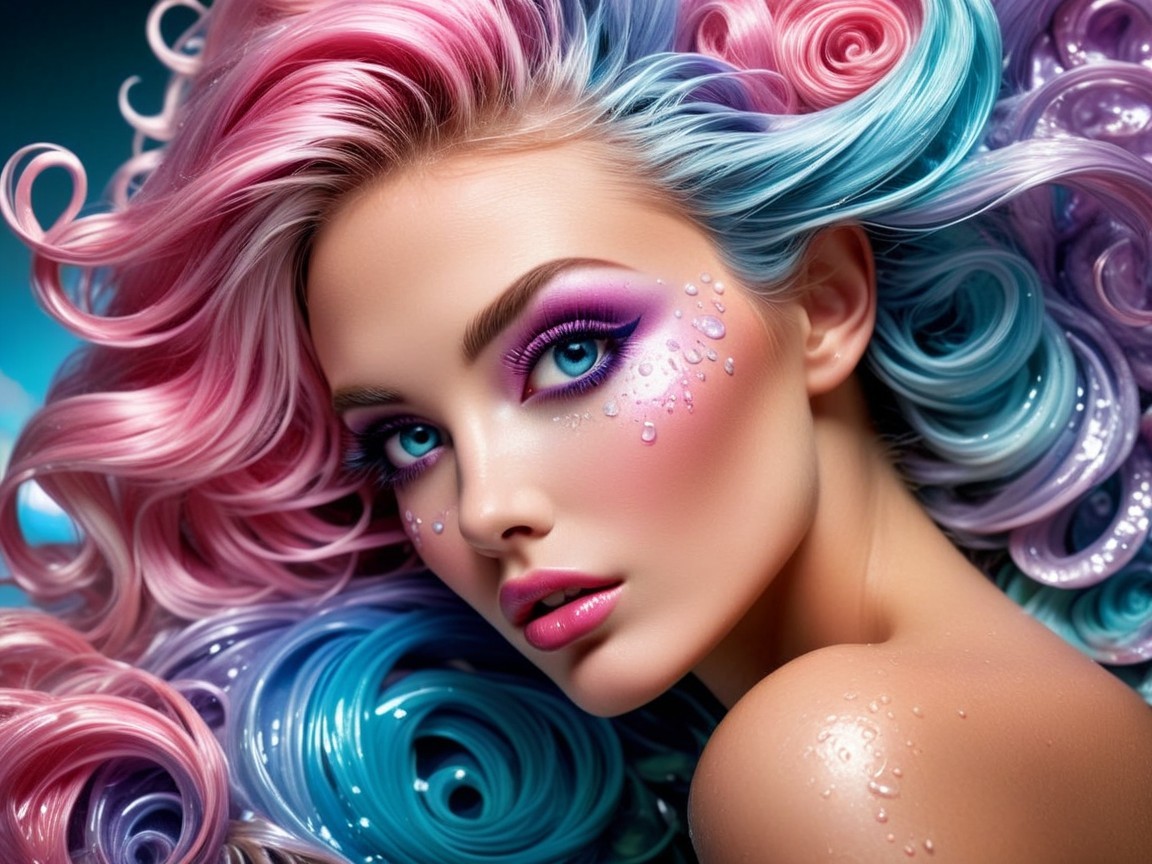 Portrait of a model with pastel hair and bold makeup