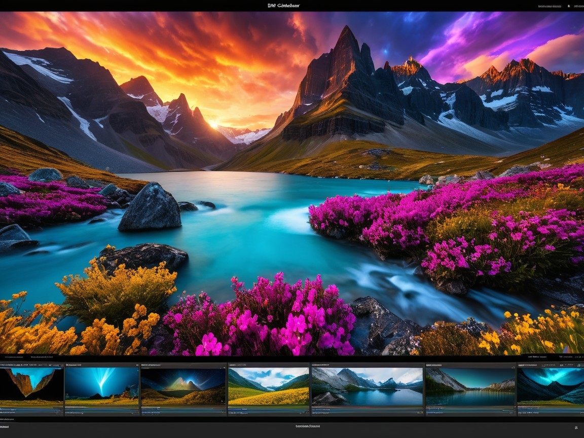 Vibrant Wildflowers by Turquoise Lake at Sunset