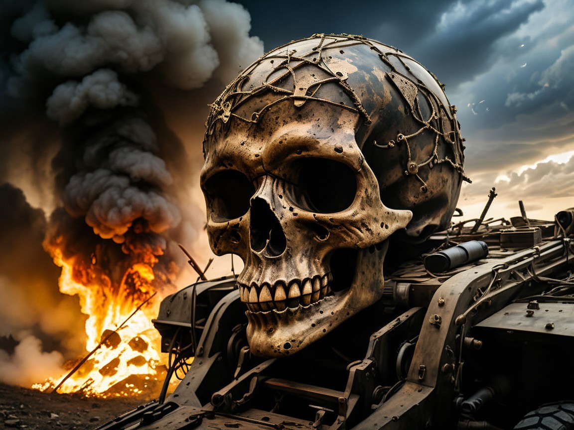 Metallic Skull Surrounded by Smoke and Flames