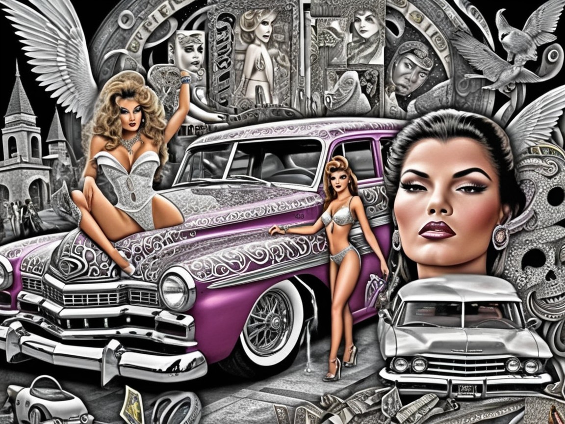 Artistic Collage of Glamorous Women and Classic Cars