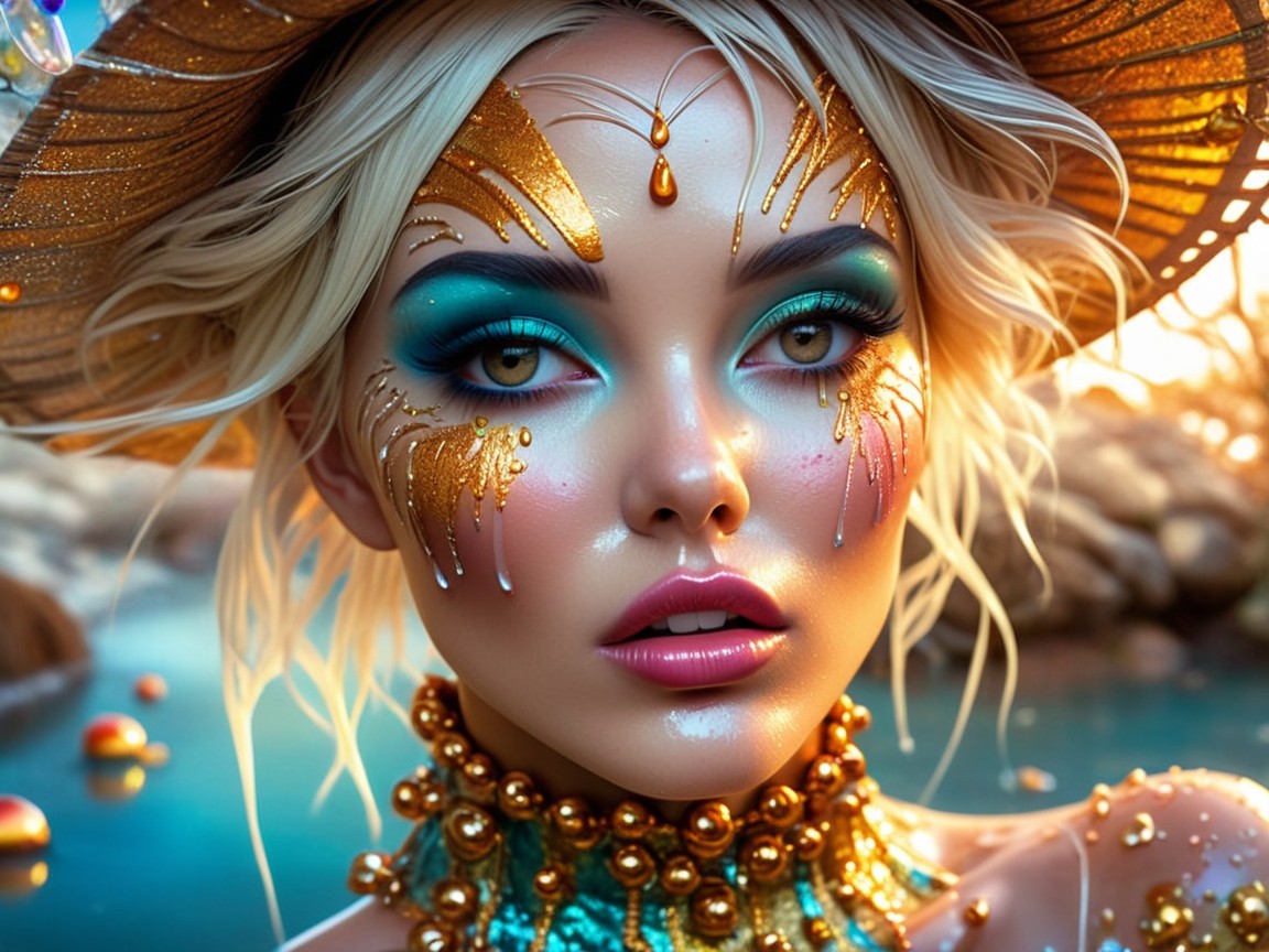 Close-Up of Woman with Metallic Makeup and Hat