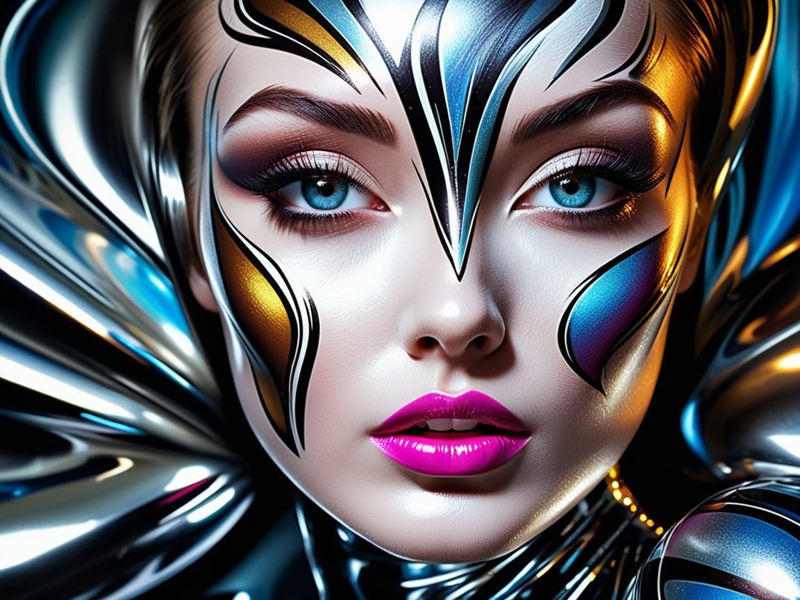 Close-up of a woman with futuristic metallic face paint