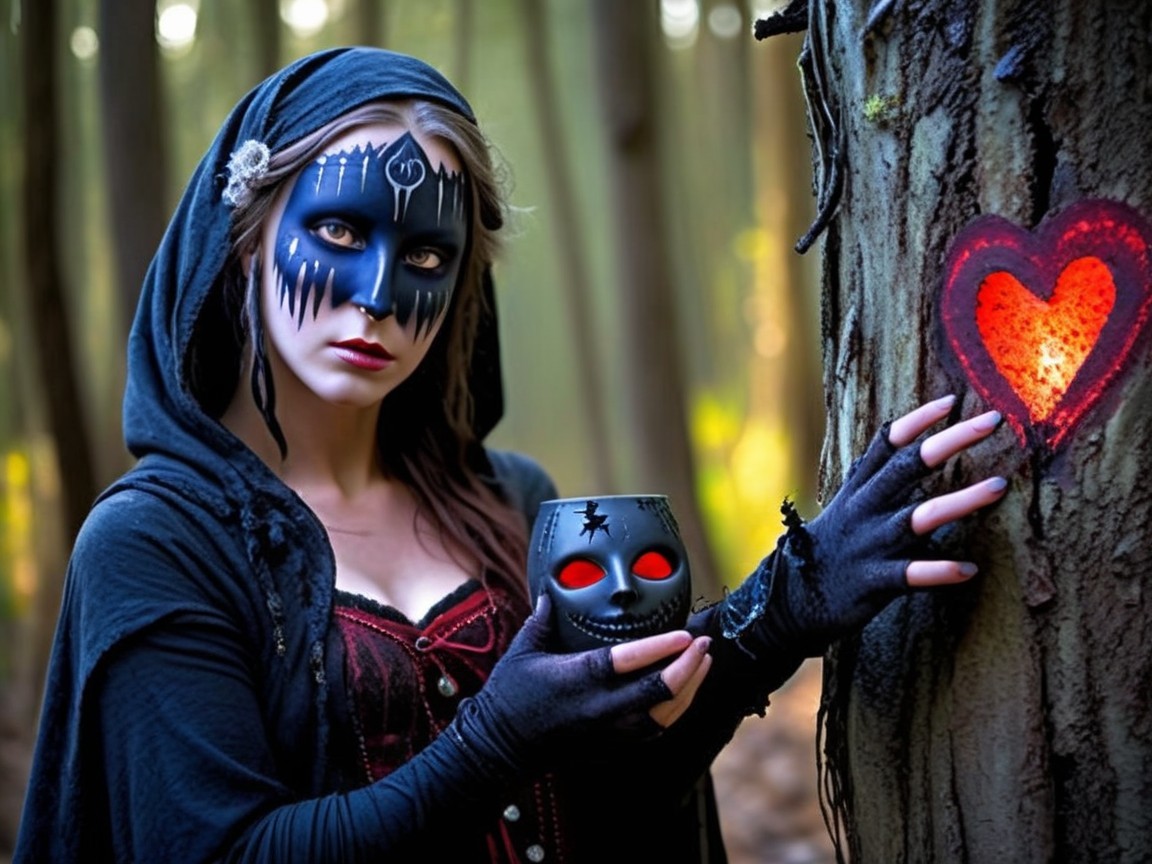 Mysterious Figure in Cloak with Crimson Dress in Forest