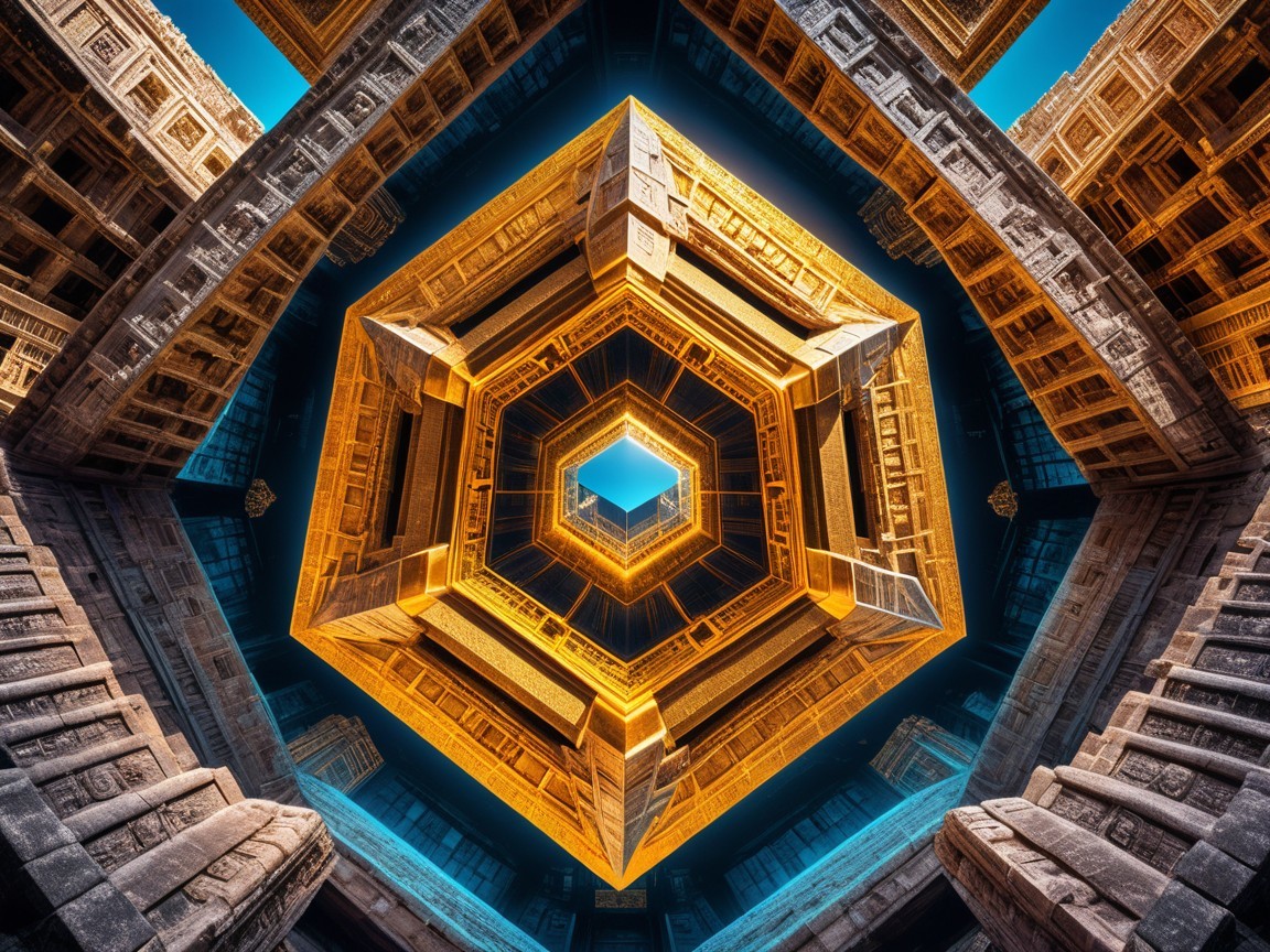 Hexagonal Structure with Ornate Carvings and Sky View