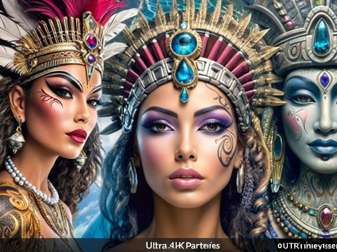 Three Women in Elaborate Headdresses and Makeup