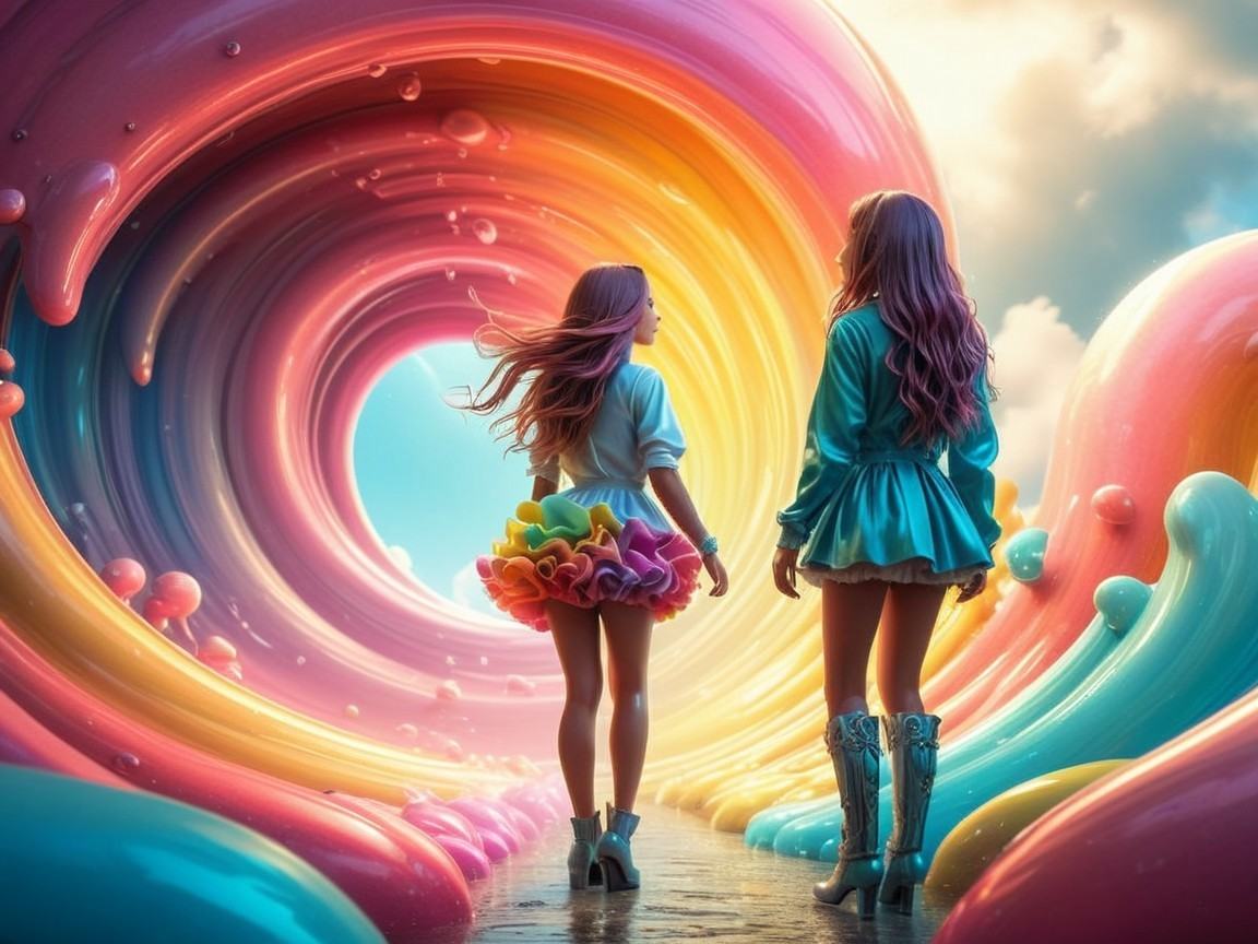 Girls at Colorful Tunnel Entrance with Pastel Sky