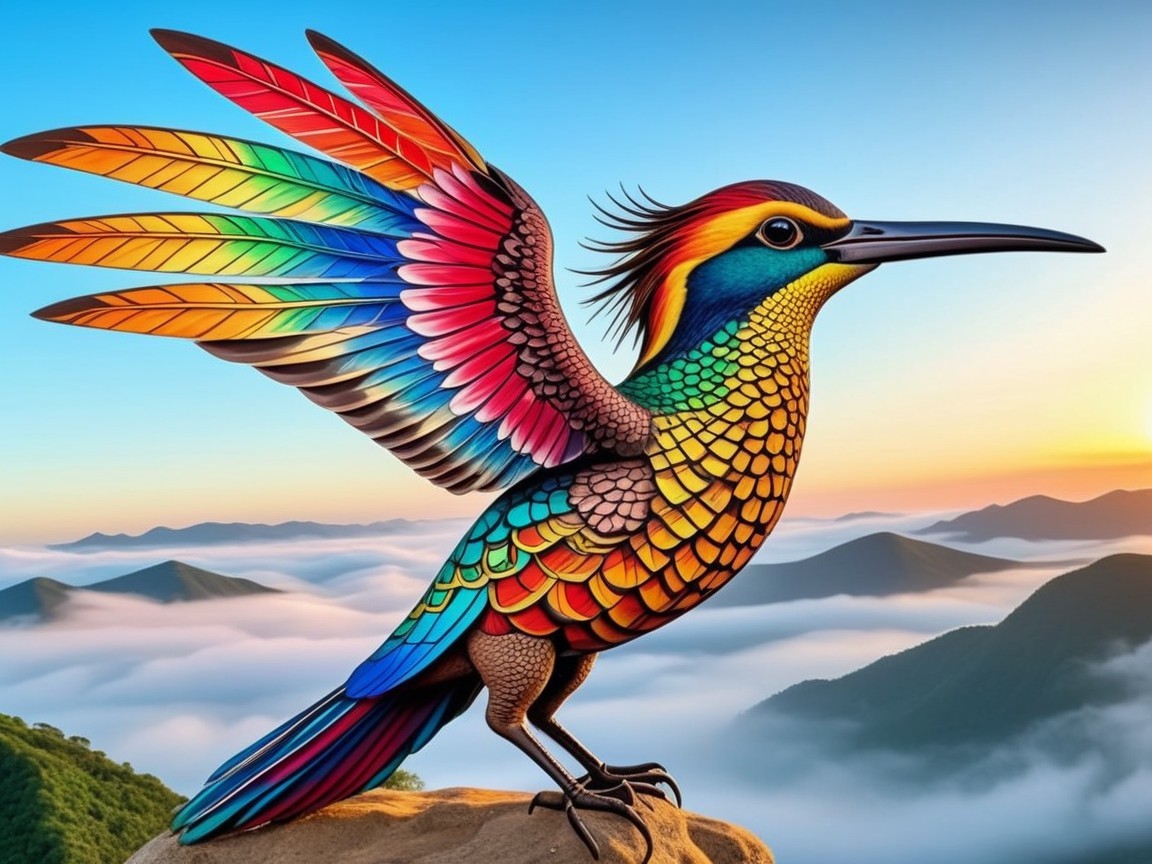 Vibrant Fantastical Bird on Rocky Perch at Sunrise