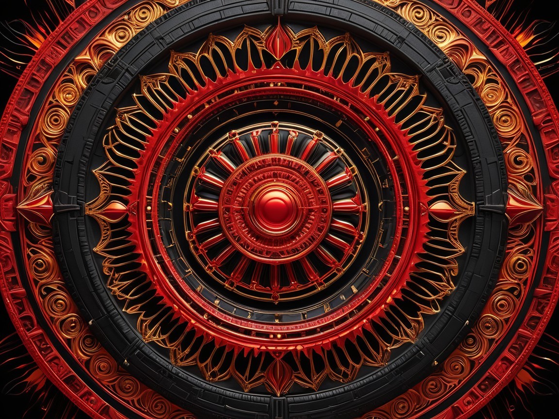 Intricate Circular Design with Red, Black, and Gold Elements