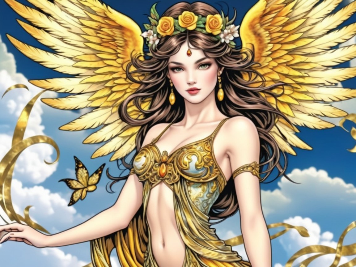 Majestic figure with golden wings in blue sky