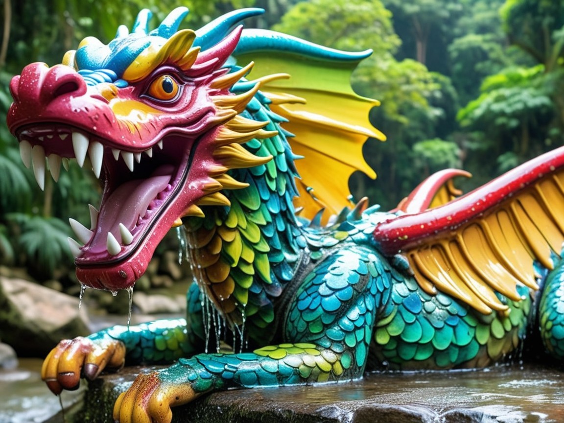 Colorful dragon sculpture in lush tropical setting