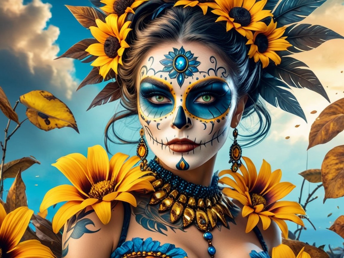 Woman in Day of the Dead Festive Attire and Makeup