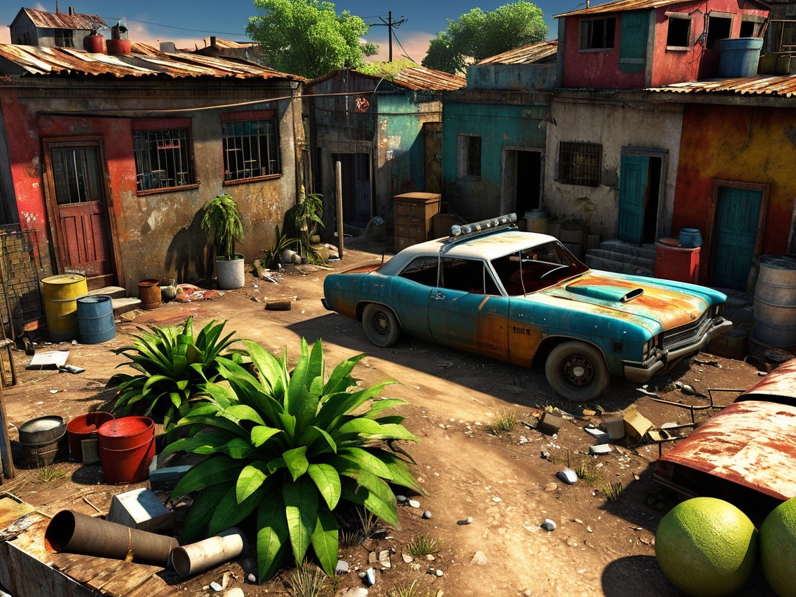 Vibrant Yet Worn-Down Neighborhood Scene Description
