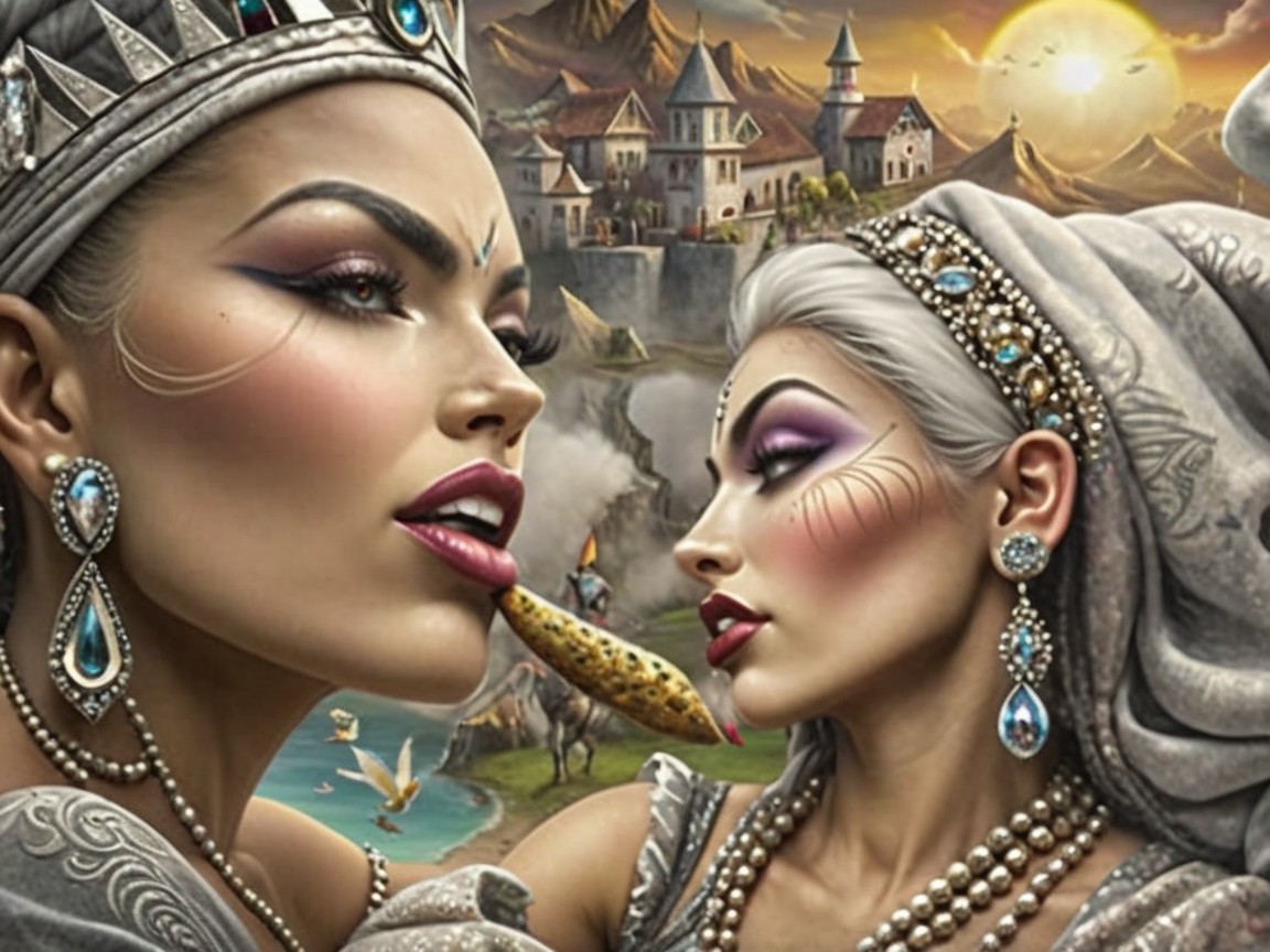 Elegant Women in Regal Attire Against Scenic Backdrop