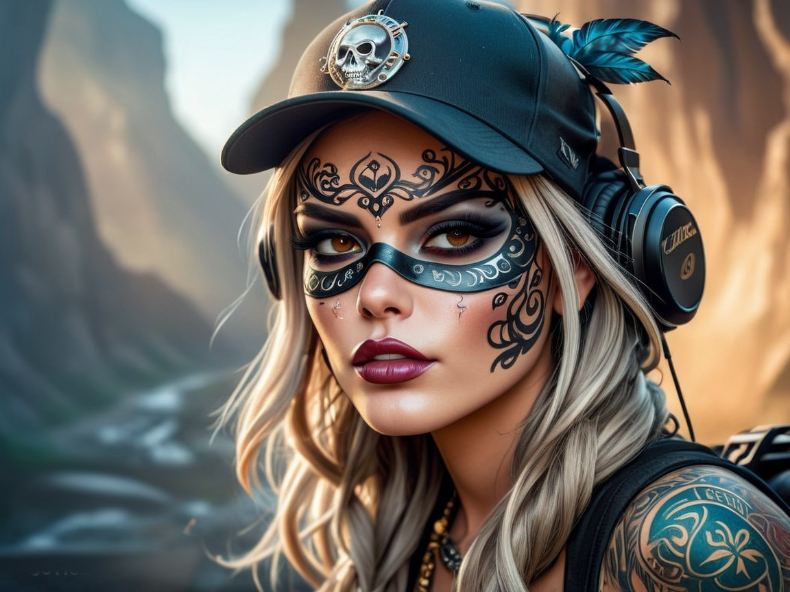 Silver-haired figure with facial tattoos and headphones