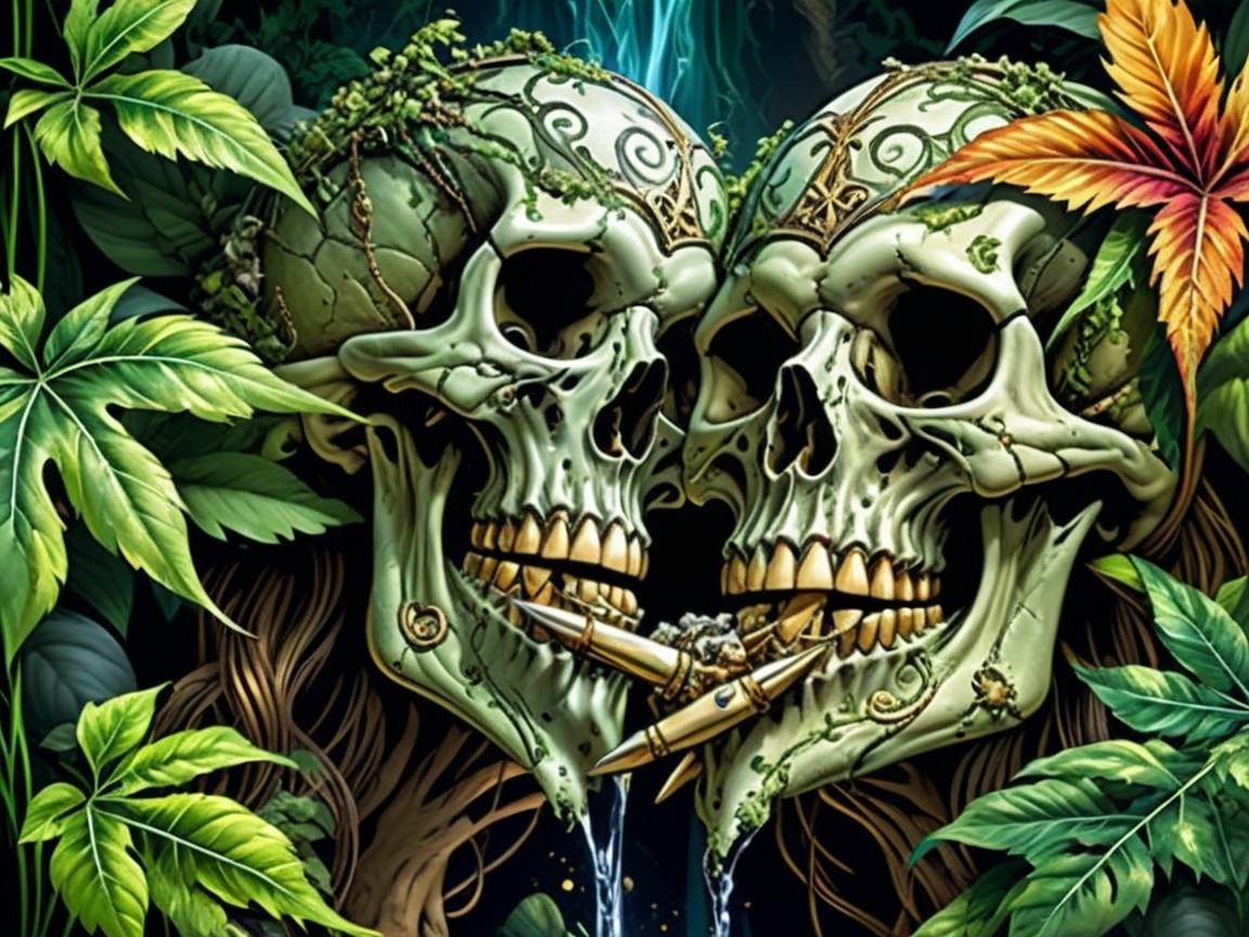 Intricately Designed Skulls Surrounded by Lush Greenery