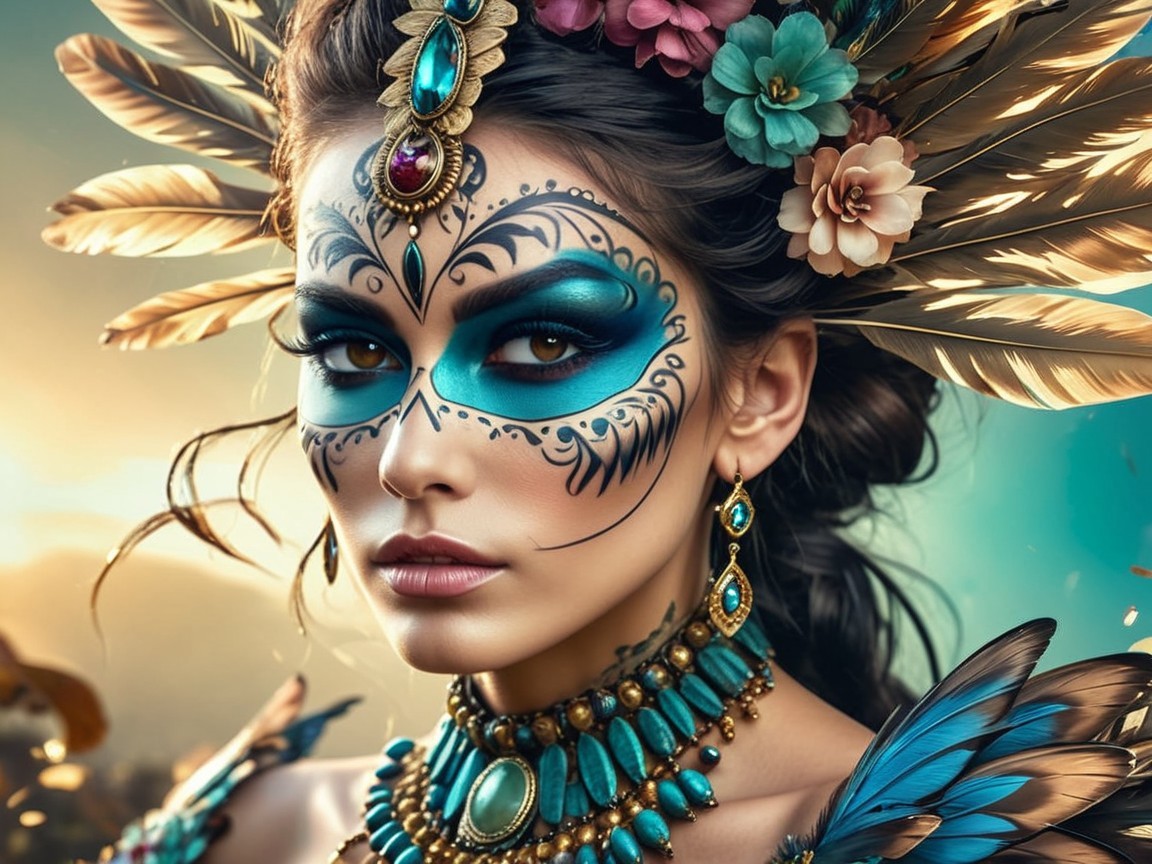 Portrait of a woman with vibrant makeup and headdress