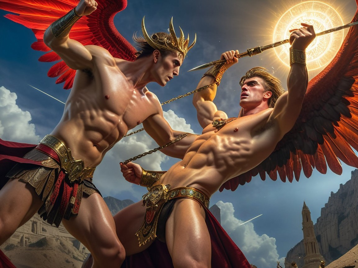 Mythical Battle of Winged Titans in Mountainous Setting