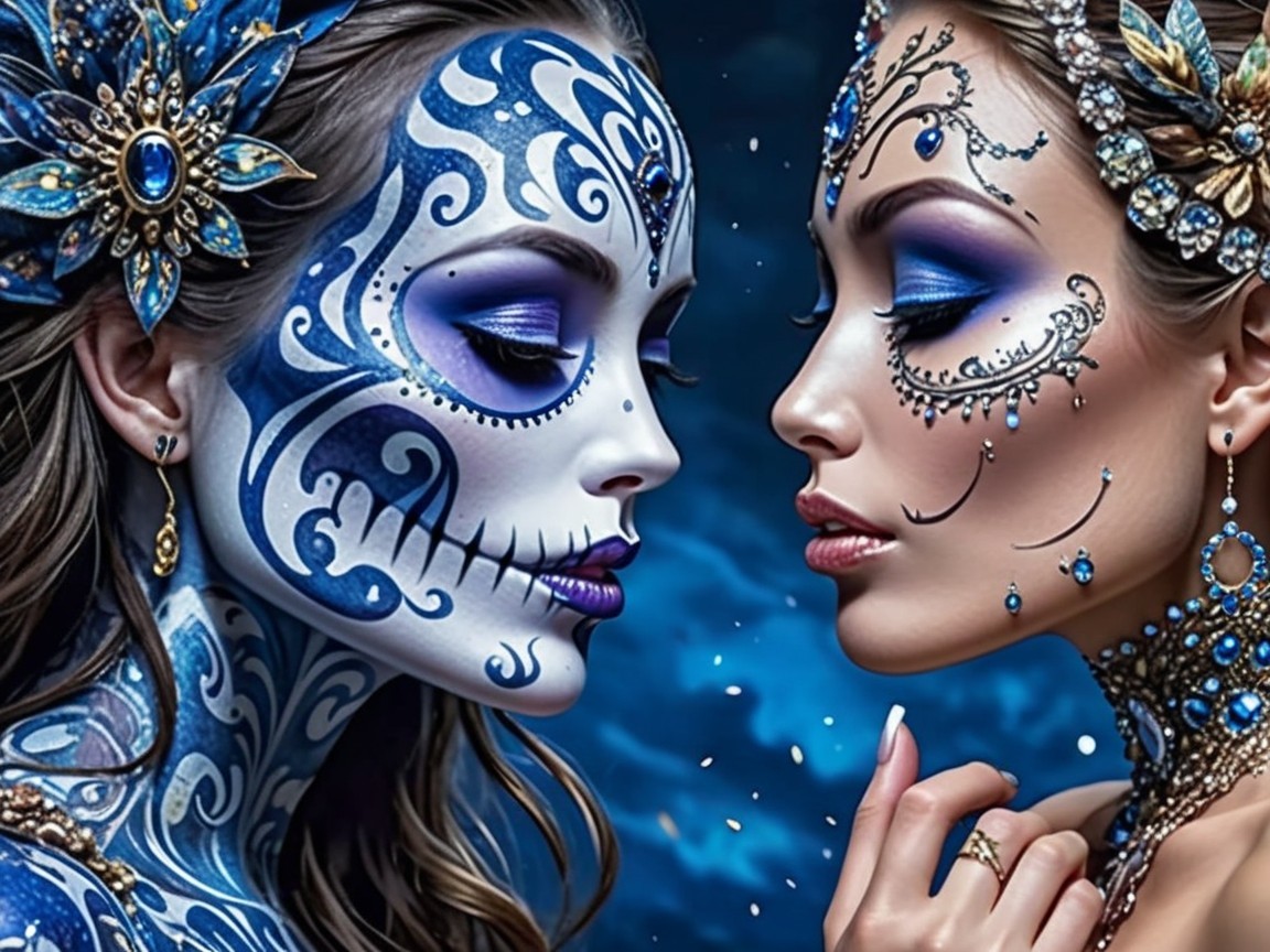 Women with Intricate Face Paint Against Blue Background