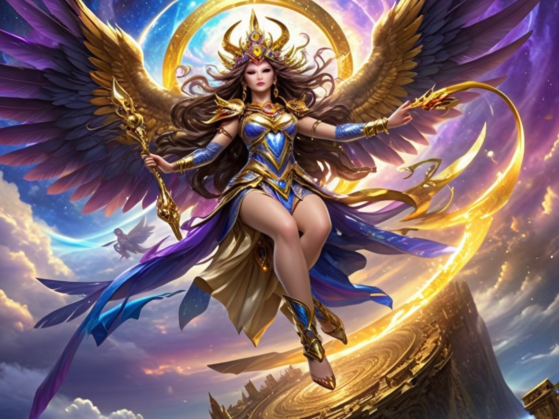 Majestic Cosmic Figure in Ornate Armor and Wings