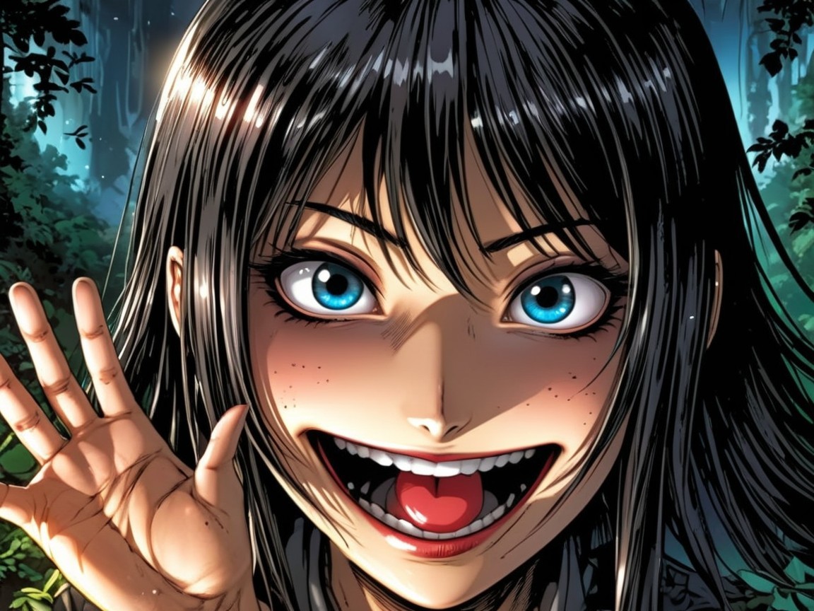 Young woman with dark hair and blue eyes in nature