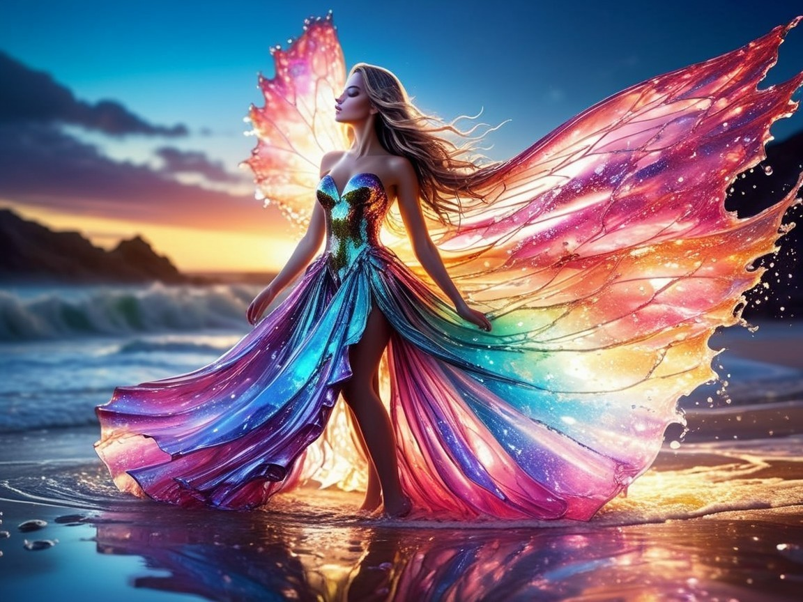 Stunning figure in gown with butterfly wings at sunset