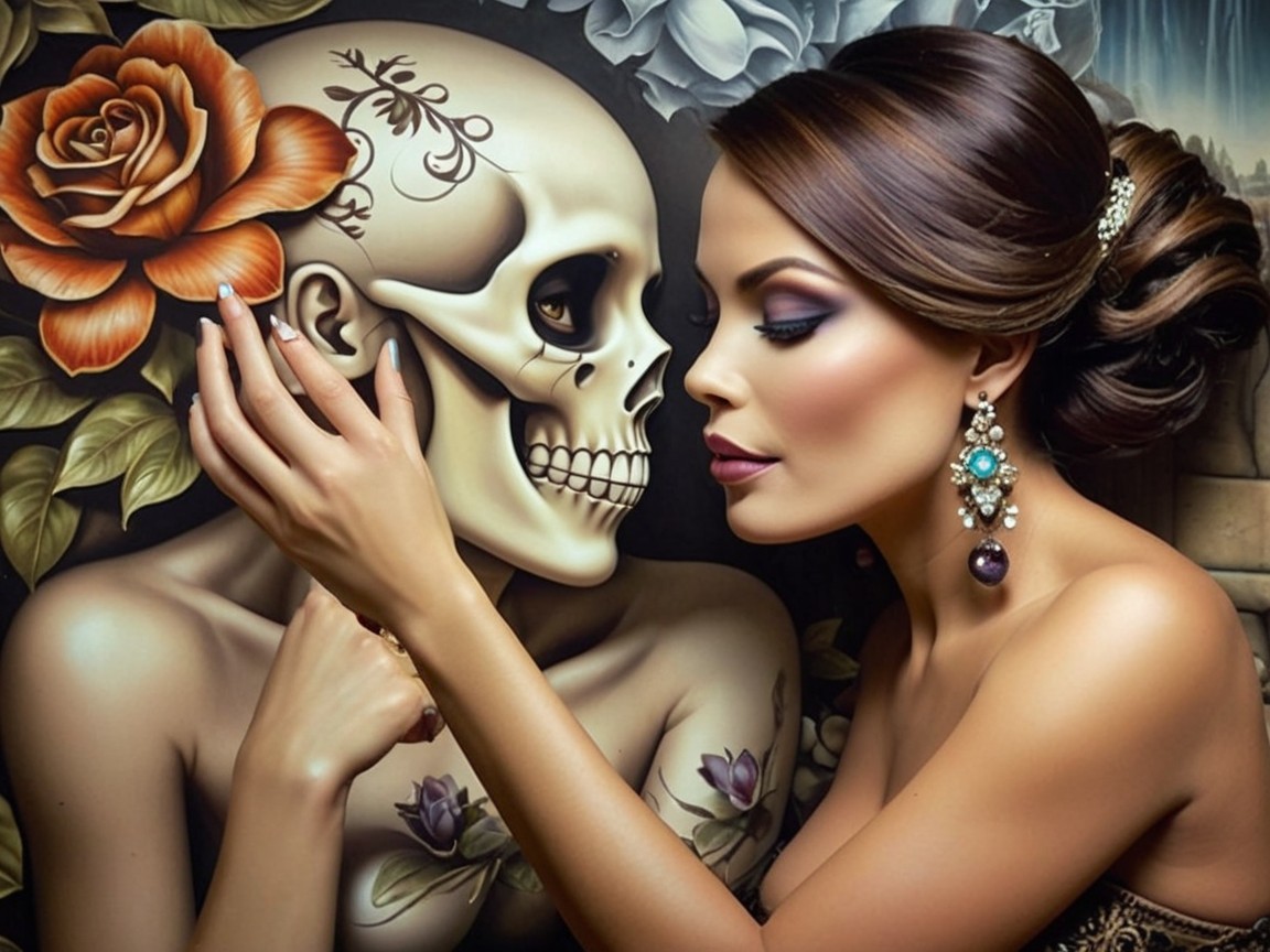 Elegant Woman with Skull and Floral Background