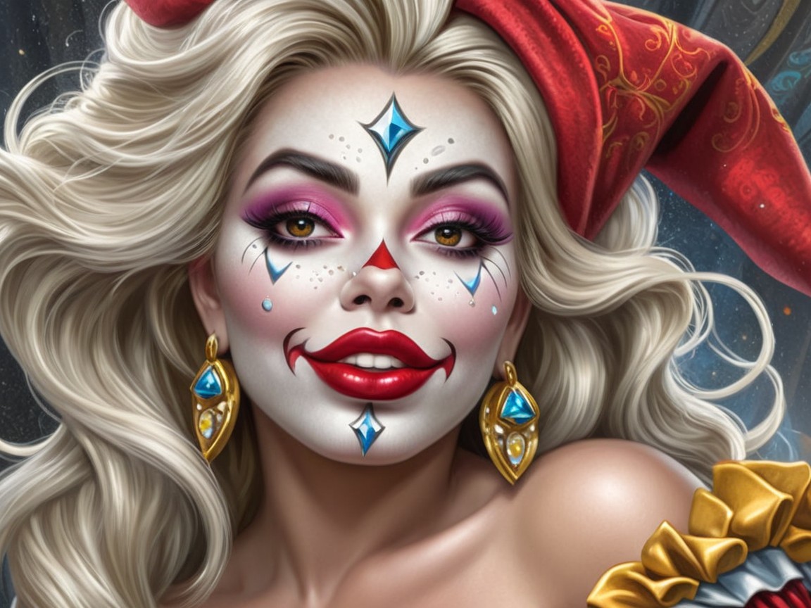 Glamorous Clown Character with Striking Makeup Details