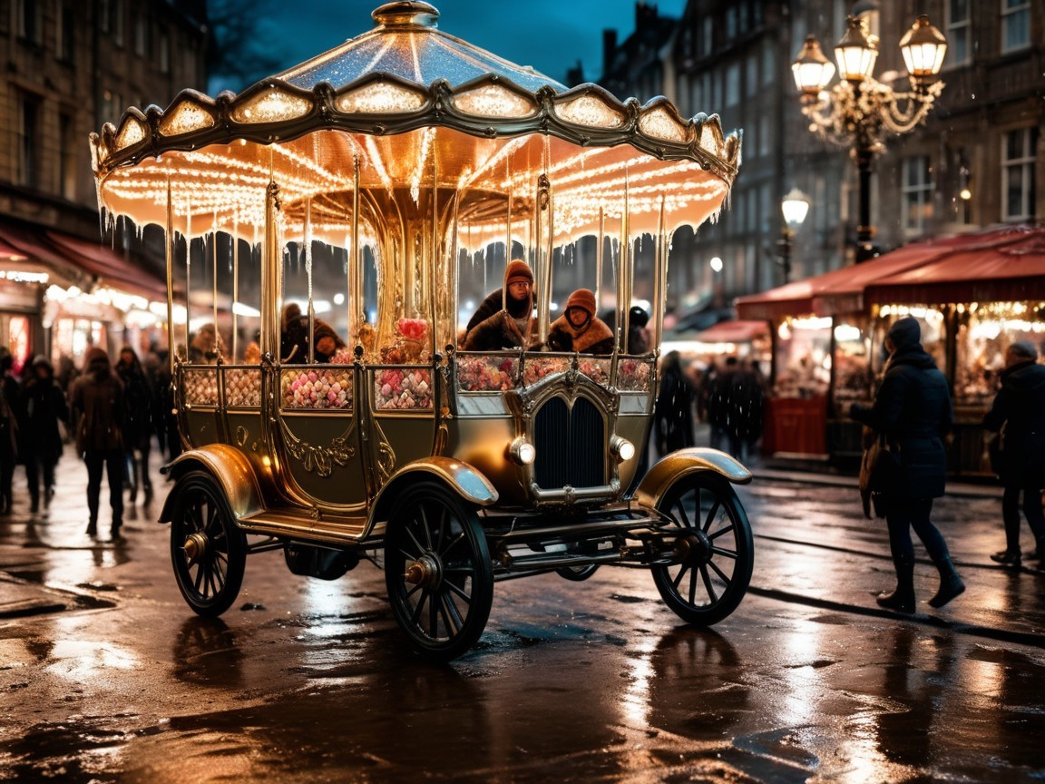 Ornate gold carousel on a wet street at night