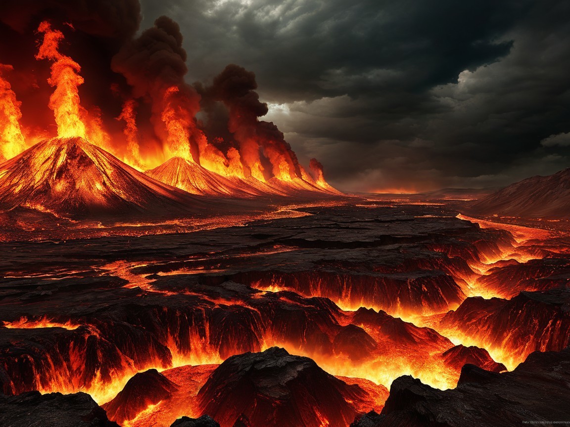 Dramatic Landscape of Erupting Volcanoes and Lava