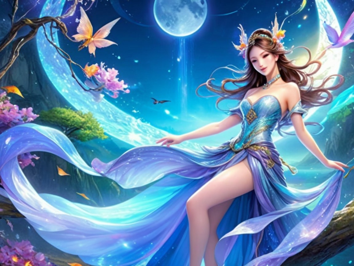 Graceful figure in blue gown in serene moonlit landscape