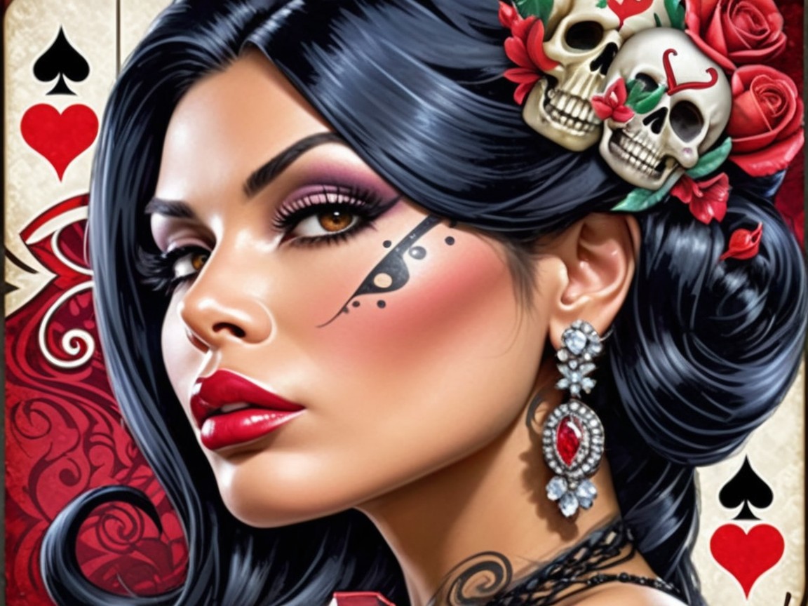 Striking Woman with Roses, Skulls, and Card Motifs