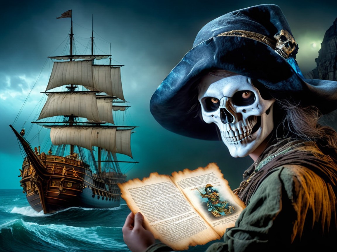 Ghostly Pirate with Ancient Book and Majestic Ship