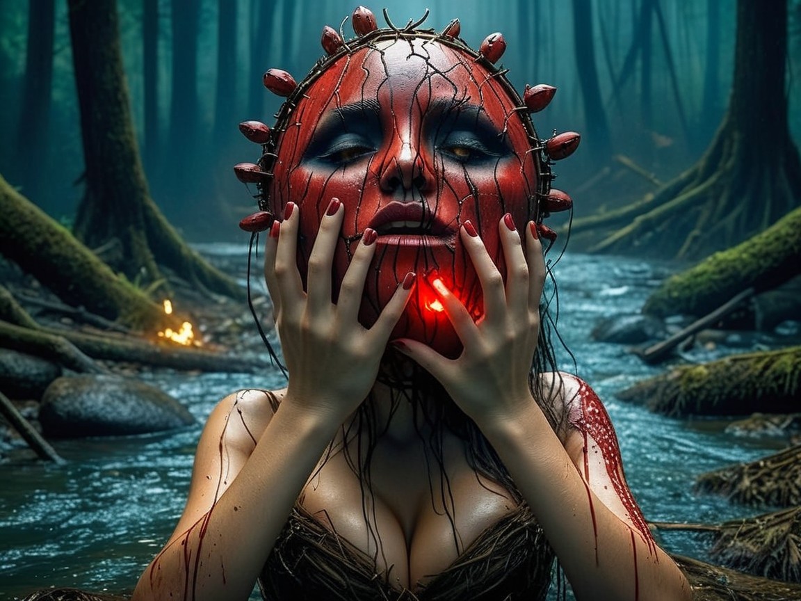 Woman in a mystical forest with a red spiked mask