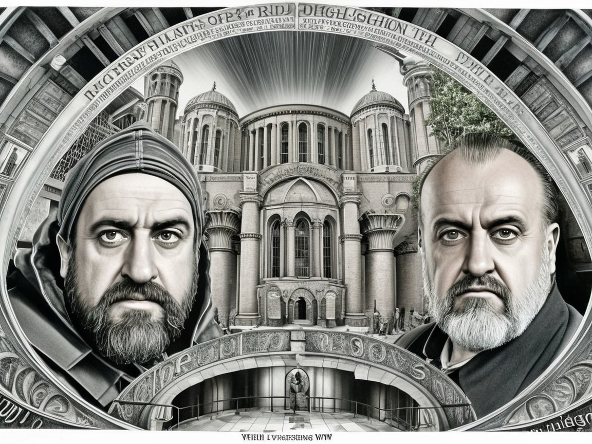 Stern Men Against Grand Cathedral Architecture