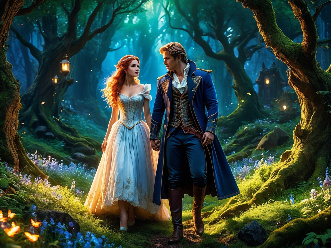 Couple in Enchanted Forest Surrounded by Nature