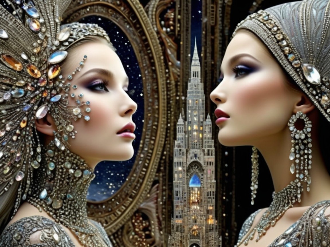 Elegant women in jewelry with a starry backdrop
