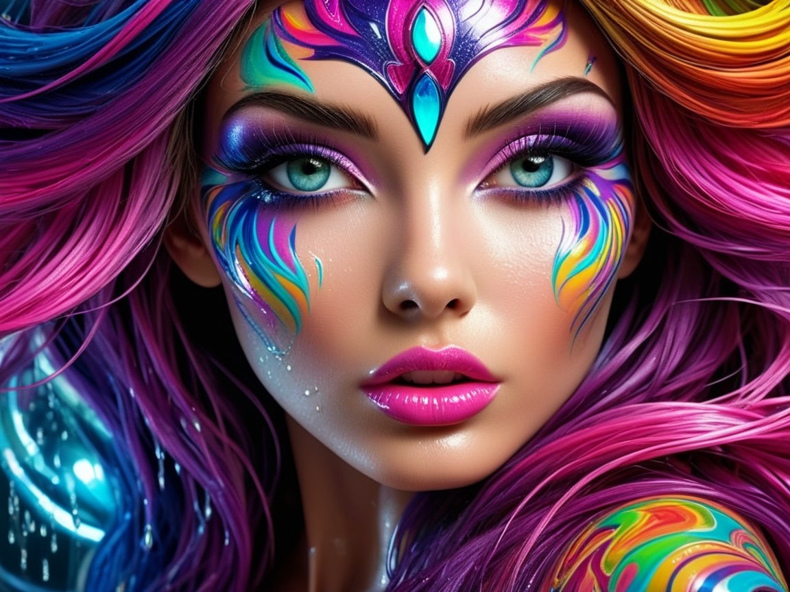 Close-Up Portrait of a Woman with Colorful Hair and Face Paint
