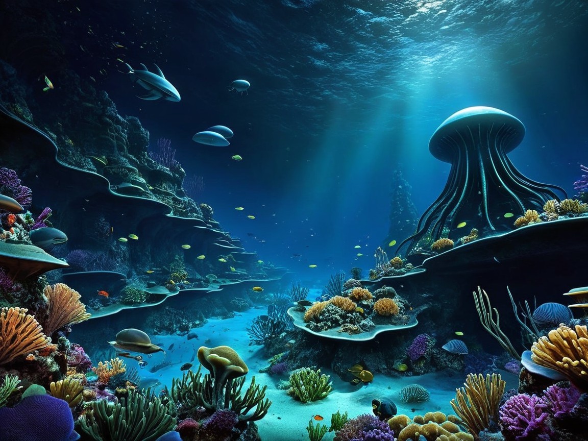 Vibrant Underwater Scene with Coral Reefs and Marine Life