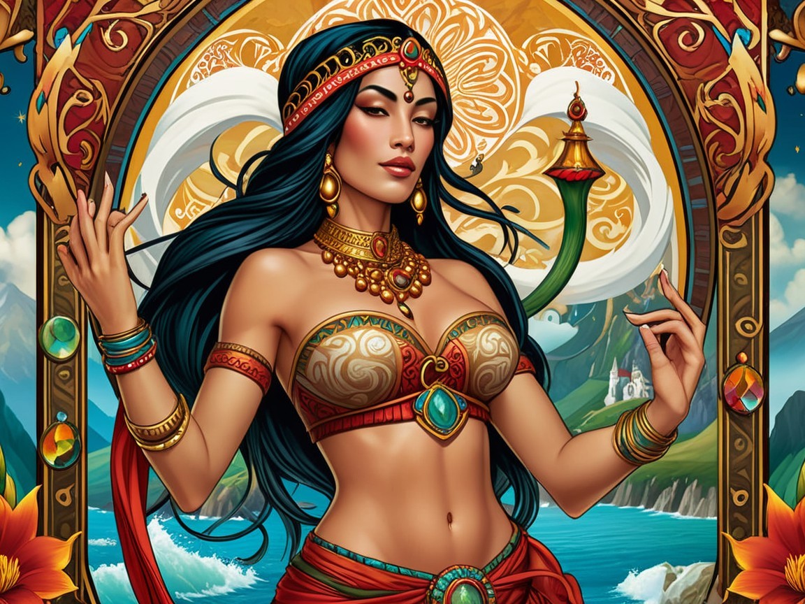 Illustration of a Woman in Colorful Jewelry and Landscape