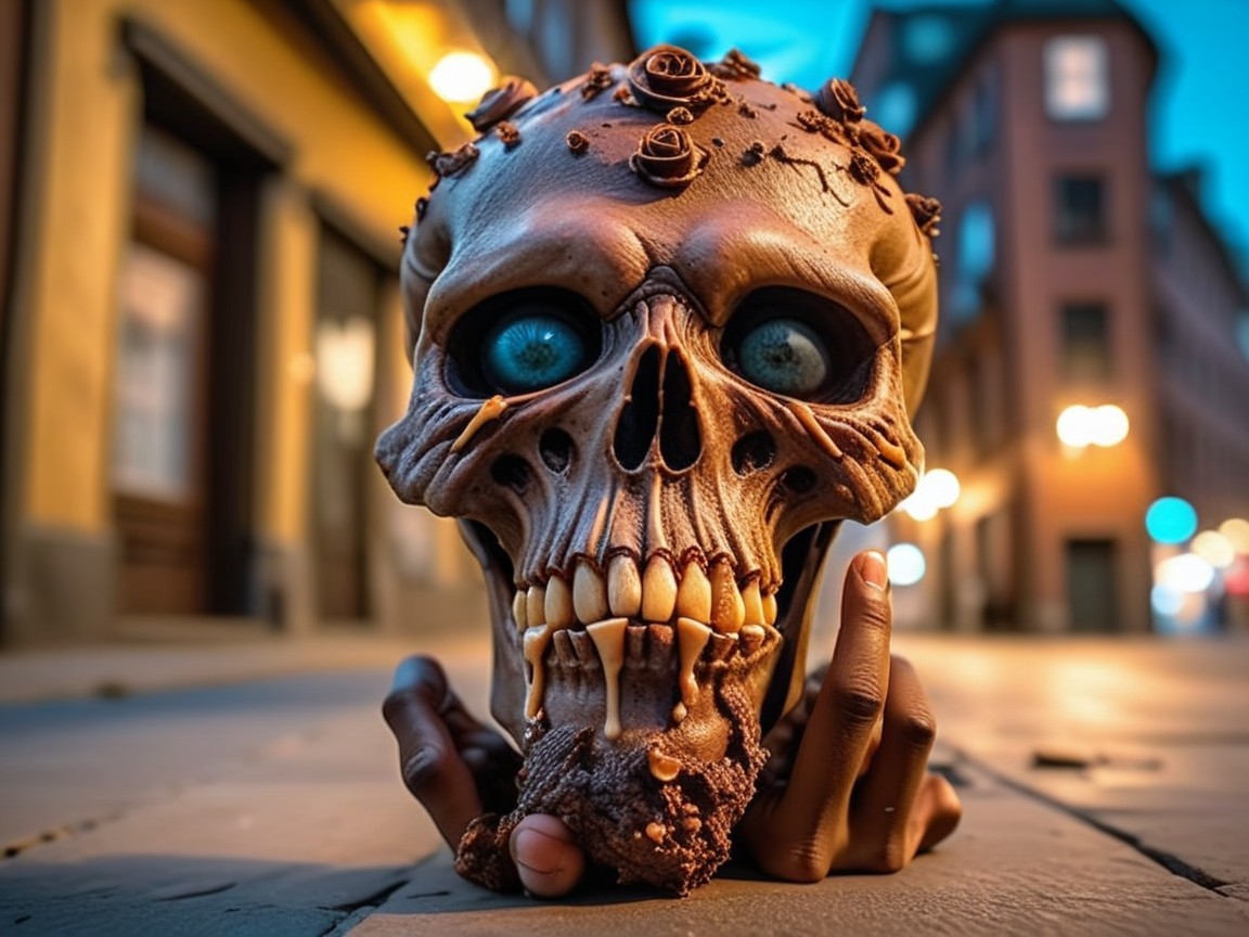 Chocolate Skull with Decorative Rose Motifs at Night