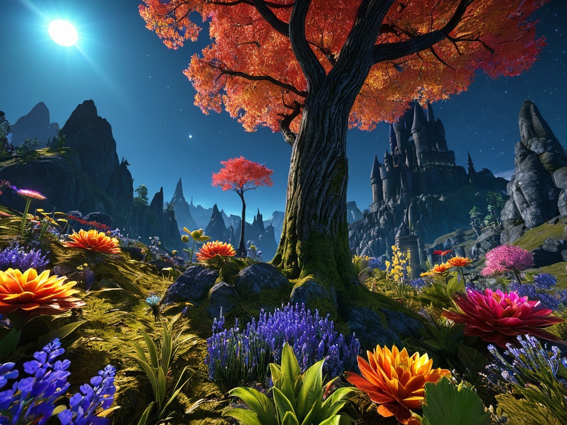 Majestic tree and colorful flowers under starlit sky