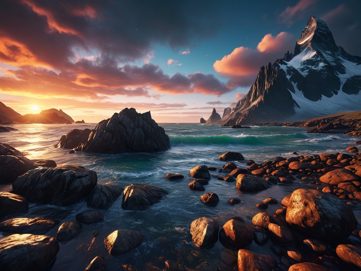 Coastal Sunset with Snow-Capped Mountains and Waves