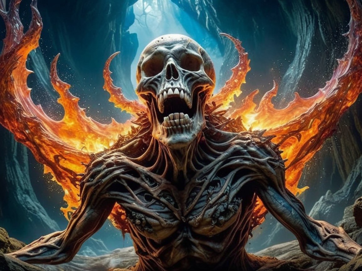 Skeletal Figure with Flames in Dark Environment